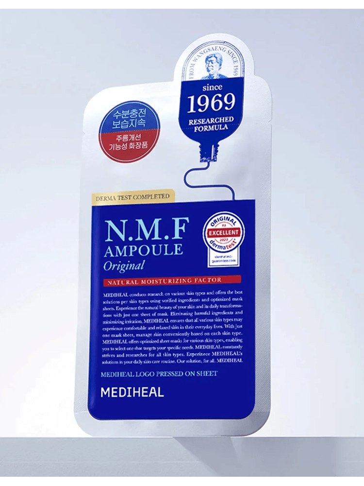 MEDIHEAL THE N.M.F Ampoule Mask Original packaging featuring moisturizing factors for hydration support.