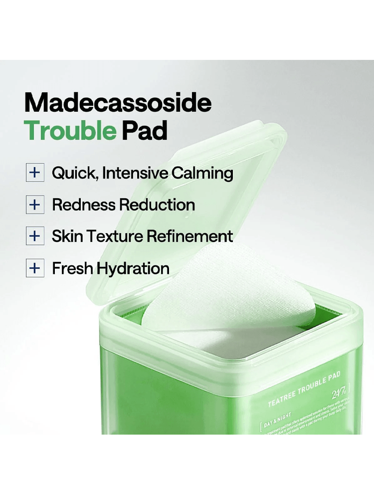 MEDIHEAL Teatree Trouble Pad with toner pads for calming irritation and redness, promoting clearer-looking skin.