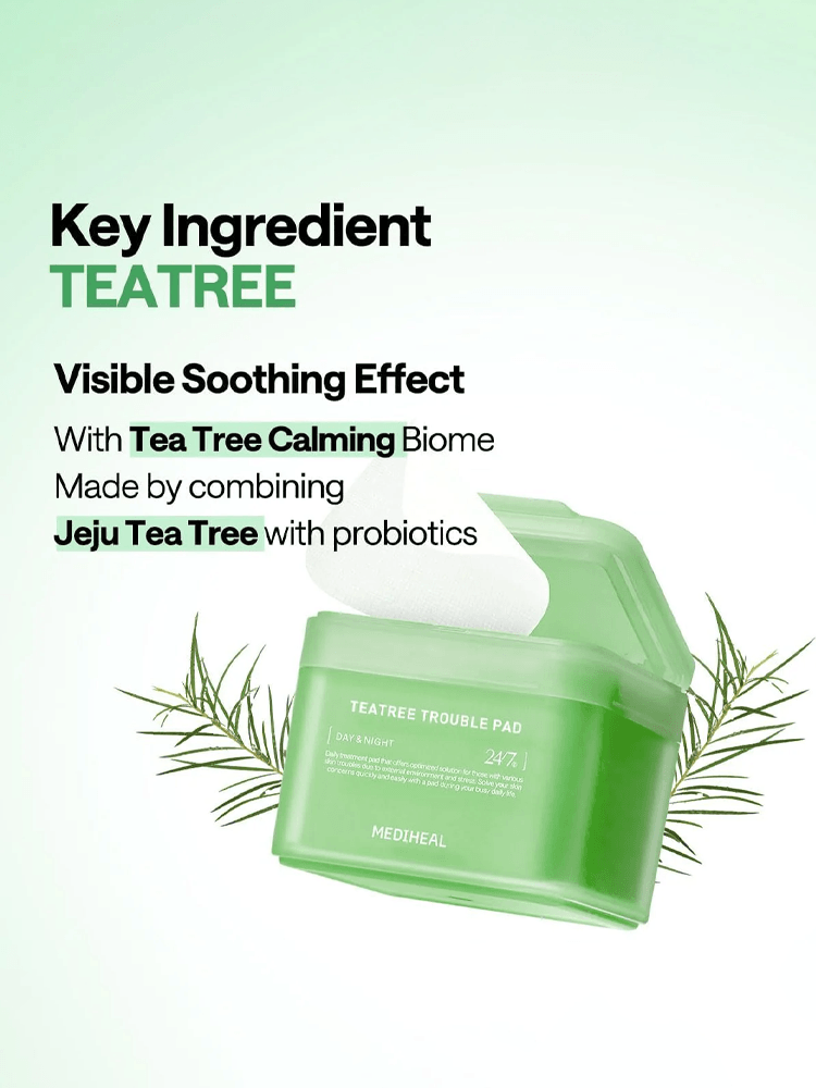 MEDIHEAL Teatree Trouble Pad with Key Ingredient Tea Tree, showcasing a visible soothing effect and probiotics.