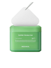 MEDIHEAL Teatree Trouble Pad in a green container with an applicator for soothing skin treatment.