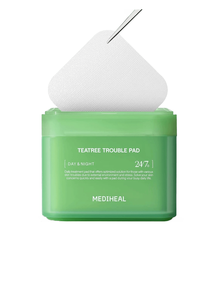 MEDIHEAL Teatree Trouble Pad in a green container with an applicator for soothing skin treatment.
