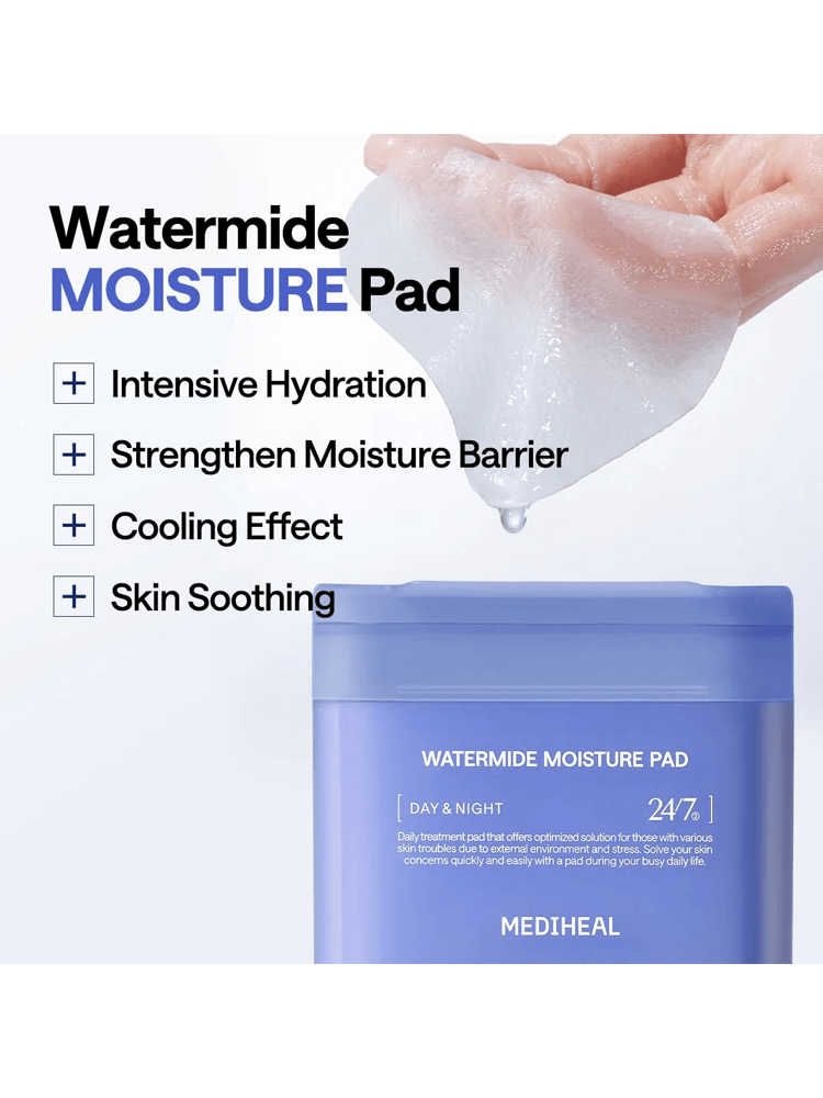 MEDIHEAL Watermide Moisture Pad showing hydration benefits and soothing effects for skin care routines.