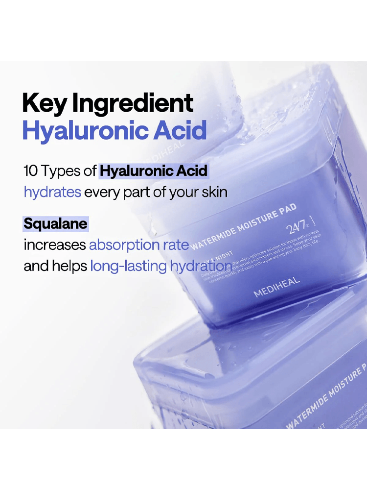 Key ingredient Hyaluronic Acid and Squalane featured on MEDIHEAL Watermide Moisture Pad packaging.