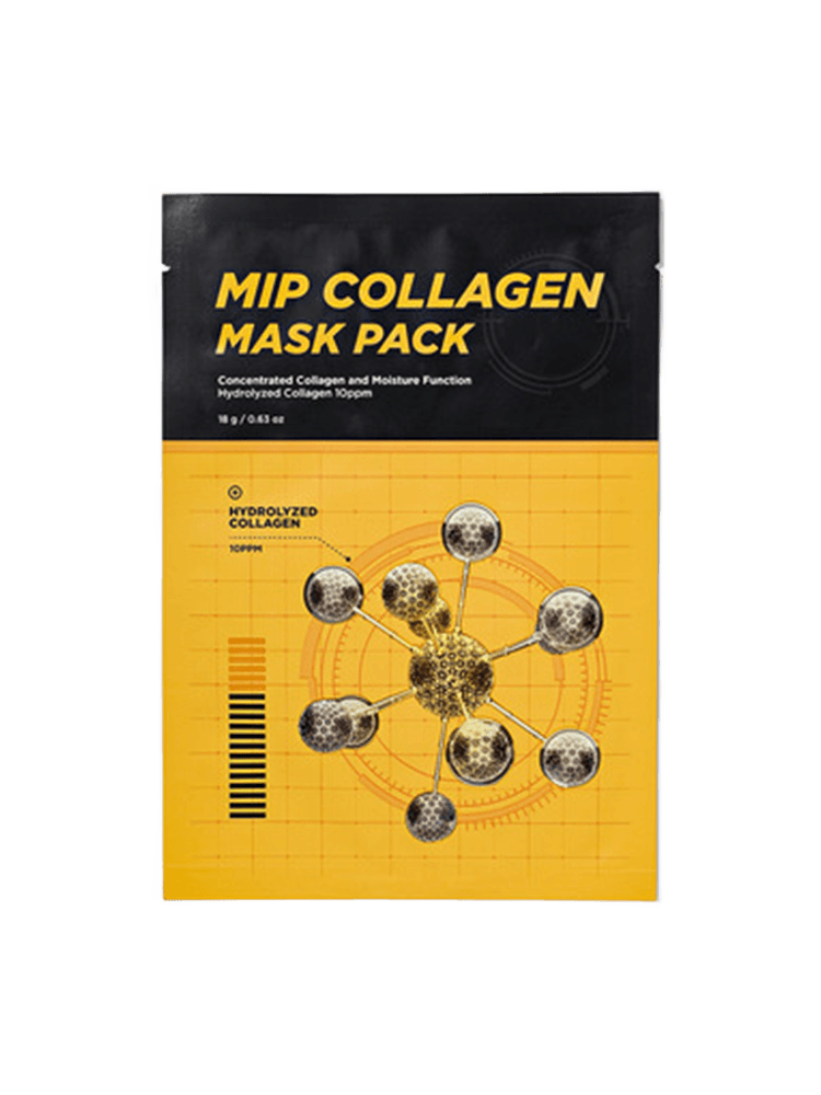 MIP Collagen Mask Pack 18g 20pcs packaging showcasing hydrolyzed collagen for hydration and smooth skin.