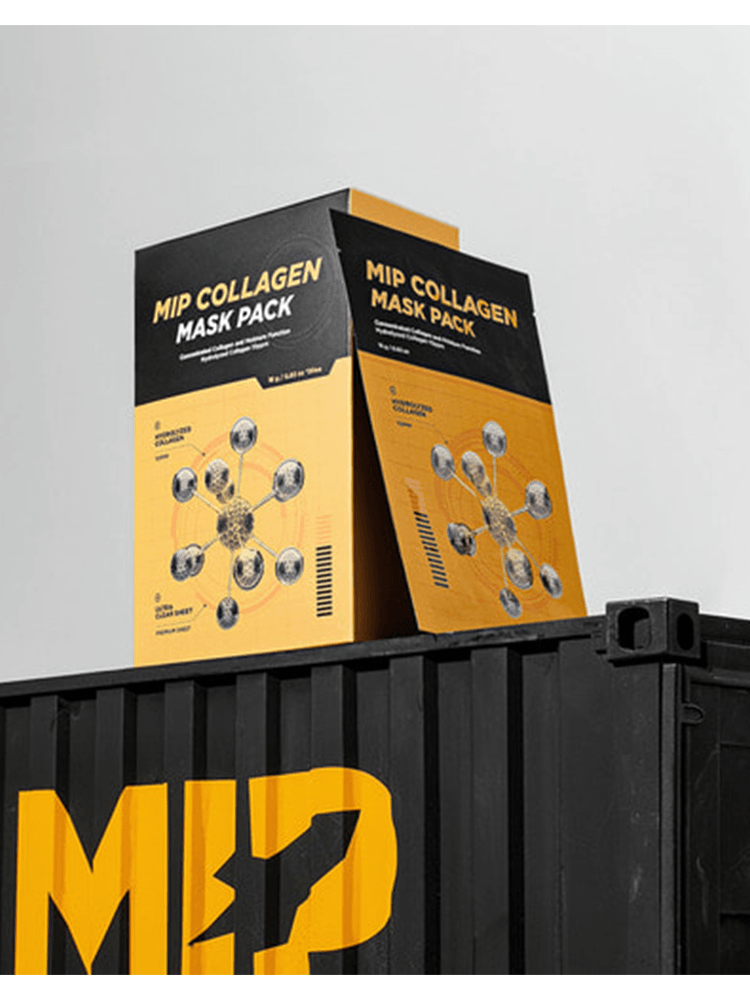 MIP Collagen Mask Pack displayed on top of a container, showcasing its packaging and benefits.