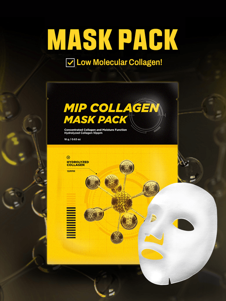 MIP Collagen Mask Pack featuring premium low molecular collagen for hydration and skin nourishment.