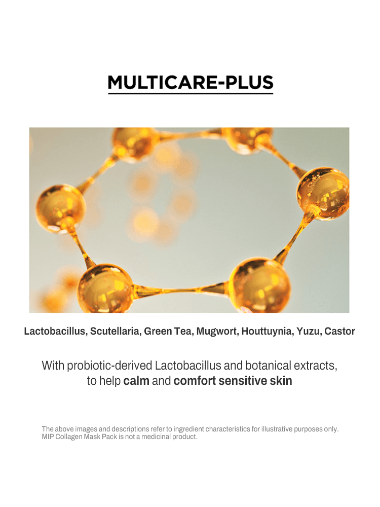 MIP Collagen Mask Pack molecule structure image showcasing Lactobacillus and botanical extracts for sensitive skin.