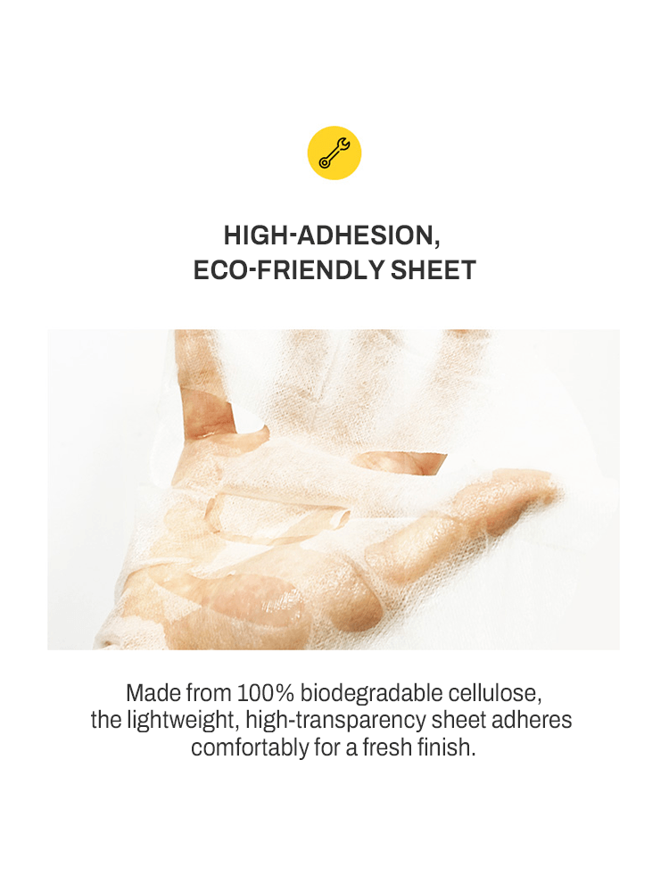 MIP Collagen Mask Pack showing high-adhesion eco-friendly sheet made from biodegradable cellulose for a fresh finish.