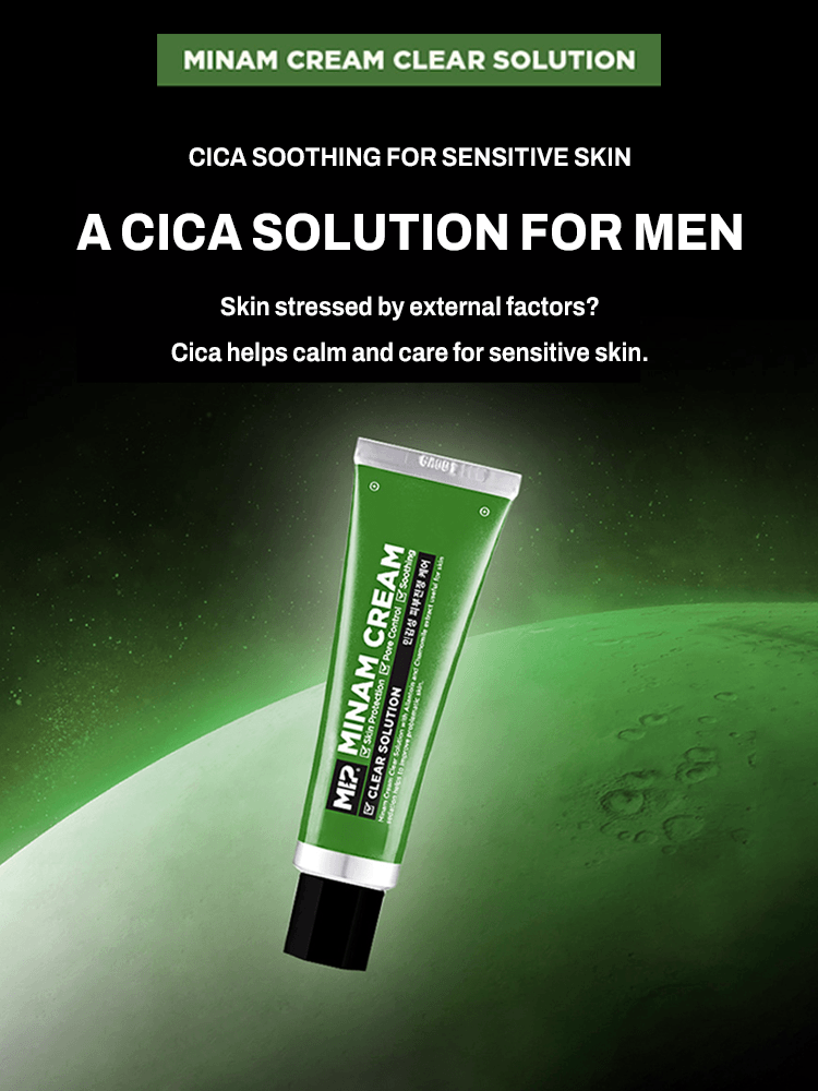 MIP Minam Cream 50ml Clear Solution tube, soothing Cica formula for sensitive skin and UV protection.