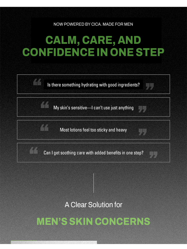 Graphic promoting MIP Minam Cream with Cica for men's skin concerns and hydration solutions.