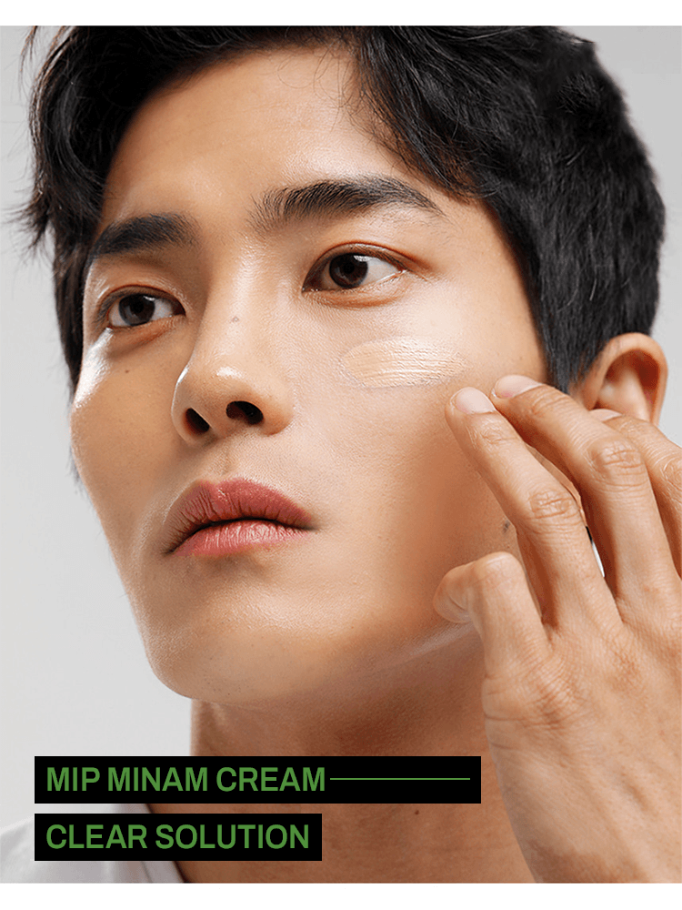 MIP Minam Cream applied on a man's face showcasing the Clear Solution for hydration and soothing.