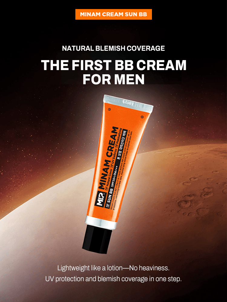 MIP Minam Cream packaging, highlighting natural blemish coverage and UV protection for men.