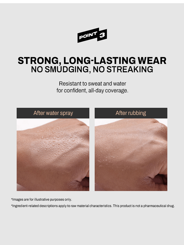 MIP Minam Cream long-lasting wear demonstration, showing resistance to water and rubbing.