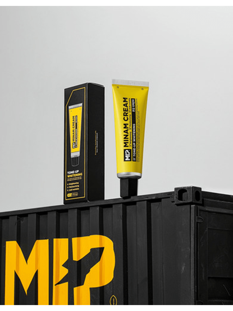 MIP Minam Cream 50ml Tone Up Whitening tube and box displayed on a container background.