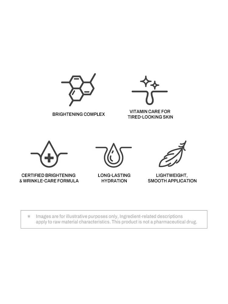 MIP Minam Cream features icons for brightening complex, hydration, and smooth application benefits.