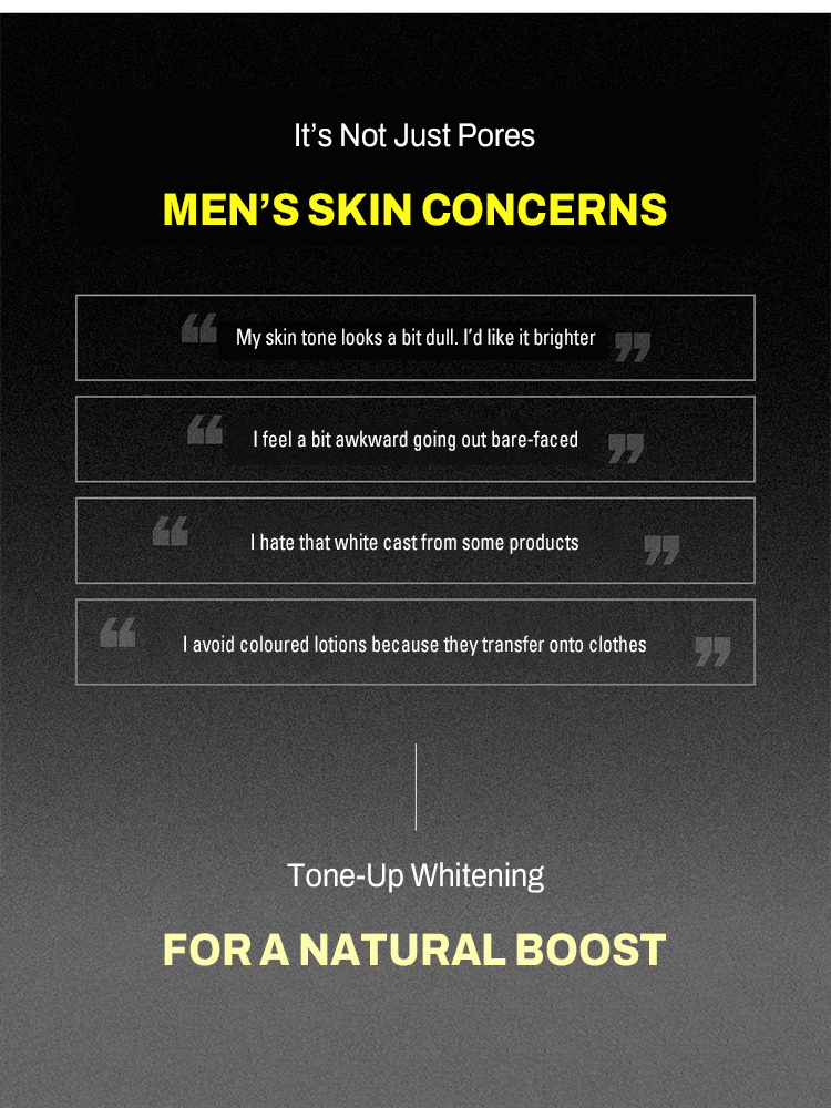 Image highlighting men's skin concerns and quotes about brightness and tone with MIP Minam Cream Tone-Up Whitening.