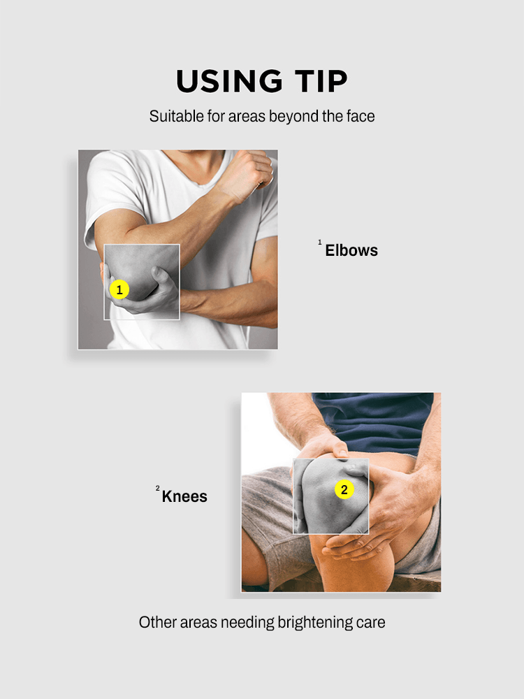 Image showing using tips for MIP Minam Cream application on elbows and knees for brightening care.