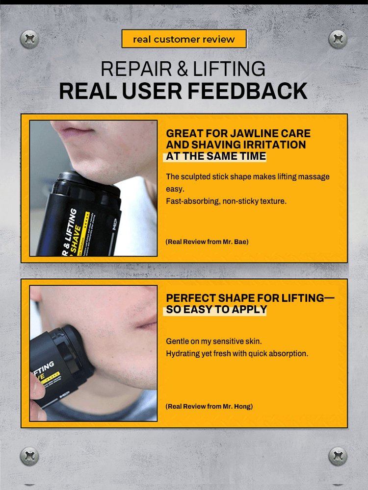MIP Repair & Lifting After Shave customer reviews highlighting jawline care and soothing post-shave results.