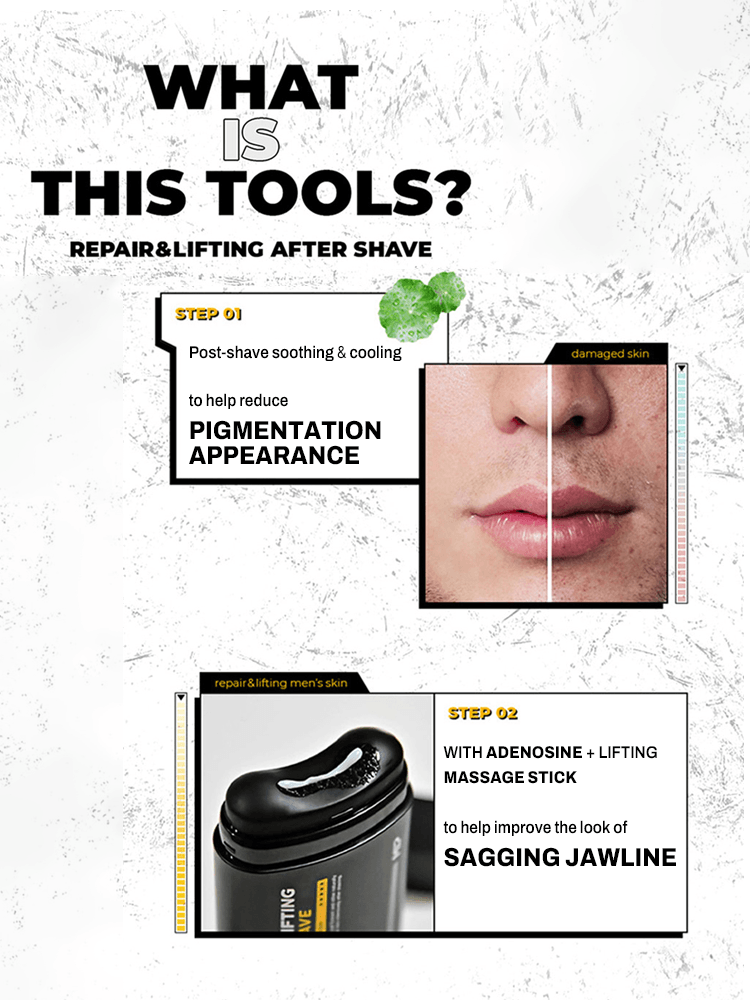 Image explaining MIP Repair & Lifting After Shave benefits for pigmentation reduction and sagging jawline improvement.
