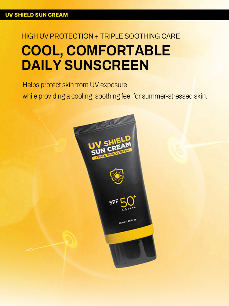 MIP UV Shield Sun Cream 50ml SPF50+/PA++++ in a tube with a bright yellow and black design, promoting UV protection.