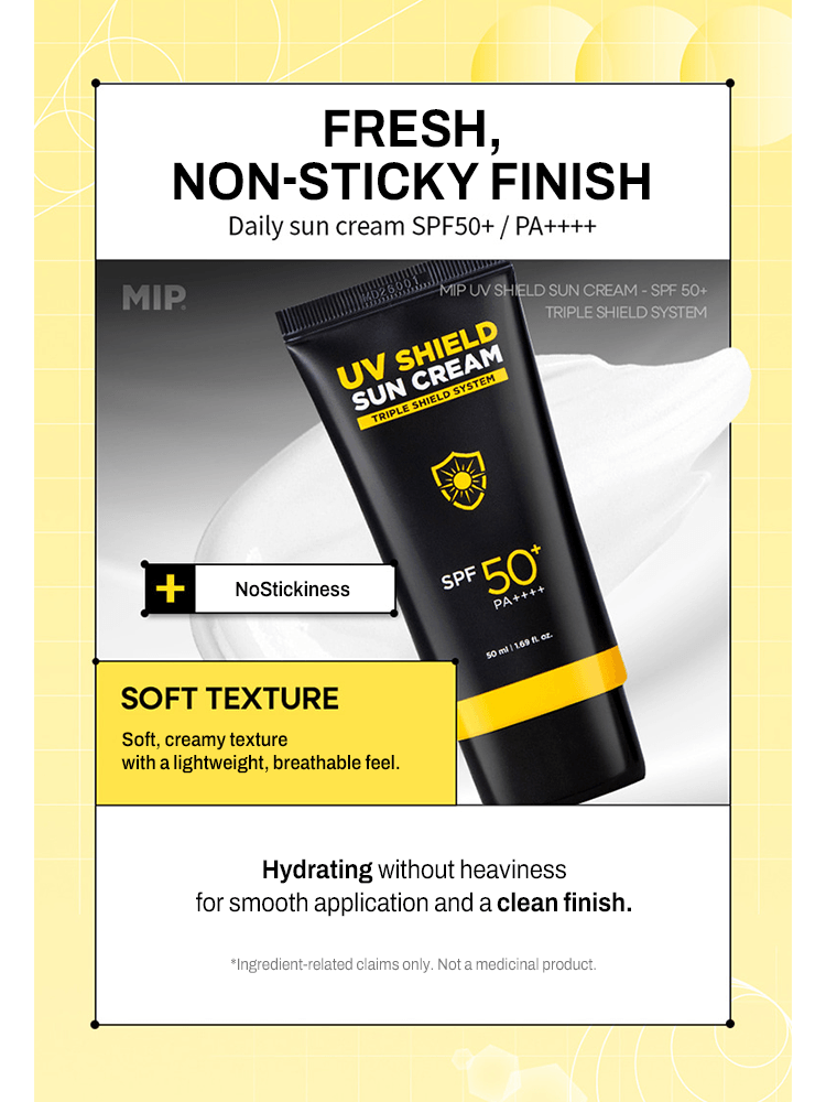 MIP UV Shield Sun Cream 50ml SPF50+/PA++++ with non-sticky finish and hydrating texture for men.