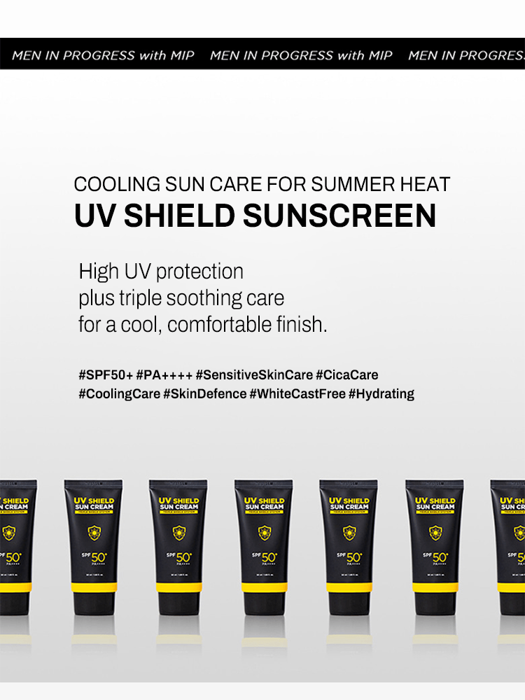 MIP UV Shield Sun Cream display with high UV protection, cooling care for summer heat, SPF50+/PA++++.