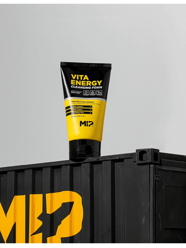MIP Vita Energy Cleansing Foam 150ml product displayed on top of a black container.