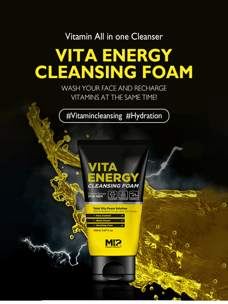MIP Vita Energy Cleansing Foam 150ml tube on a vibrant background promoting vitamin cleansing and hydration.