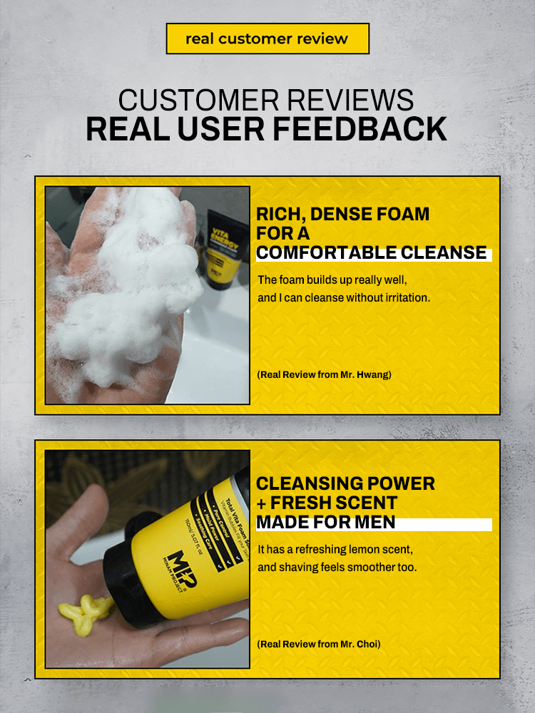 Customer reviews for MIP Vita Energy Cleansing Foam highlighting comfortable cleanse and fresh scent for men.
