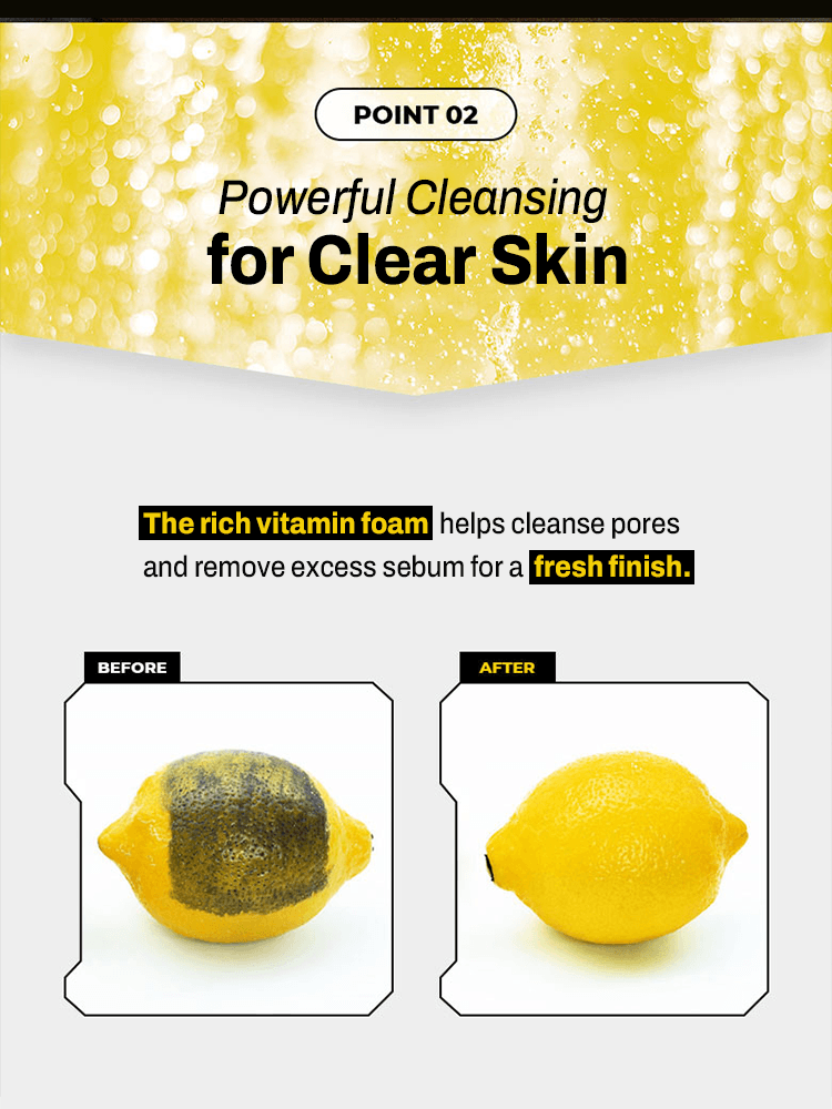 MIP Vita Energy Cleansing Foam image demonstrating powerful cleansing for clear skin with before and after lemons.