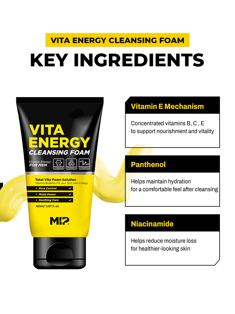 MIP Vita Energy Cleansing Foam key ingredients: Vitamin E, Panthenol, Niacinamide details for men's skin care.