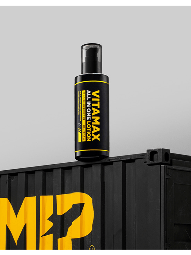 MIP Vitamax All In One Lotion 200ml bottle on a black container, showcasing skincare benefits.