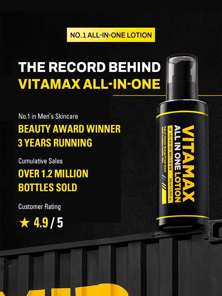 MIP Vitamax All In One Lotion bottle highlighting skincare award, sales, and customer rating.