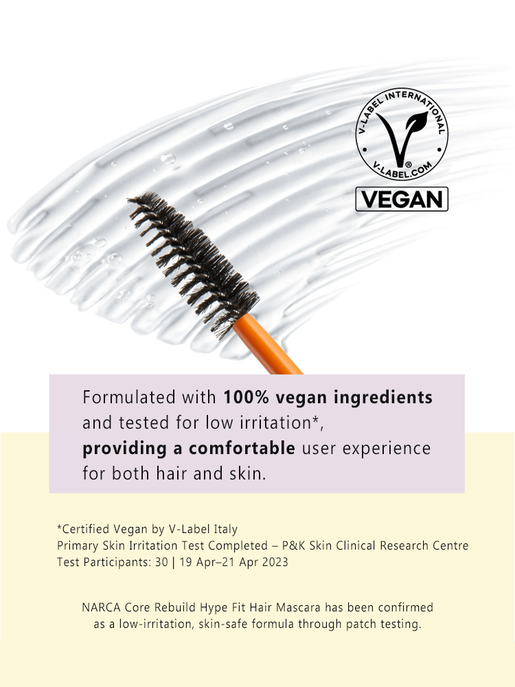 NARKA Core Rebuild Hair Mascara brush on a vegan-friendly skincare background, promoting comfort for hair and skin.