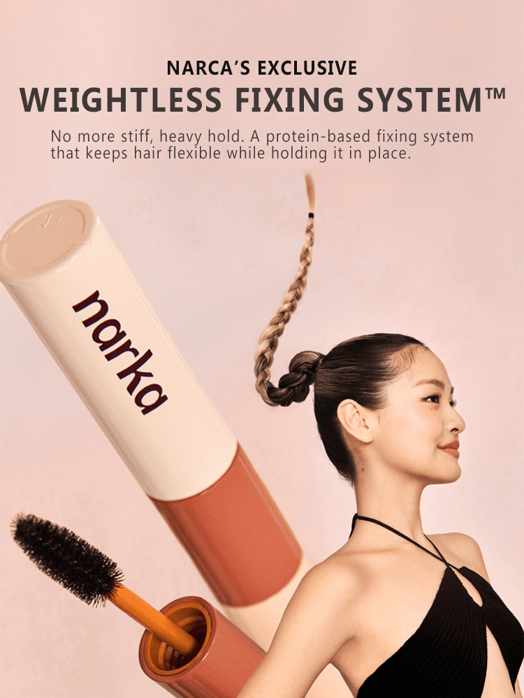 NARKA Core Rebuild Hair Mascara image showcasing the product and model demonstrating flexible hold for hair styling.