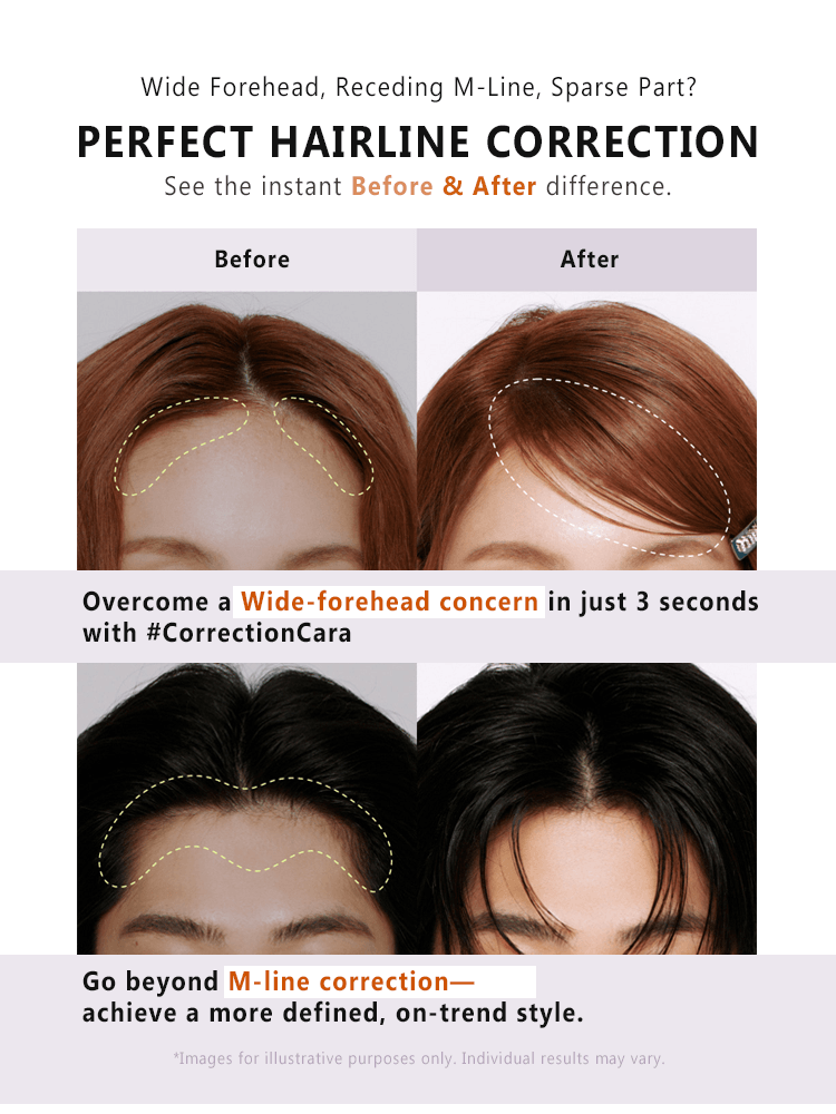 NARKA Core Rebuild Hair Mascara Before and after images showcasing perfect hairline correction for wide foreheads and receding M-lines.