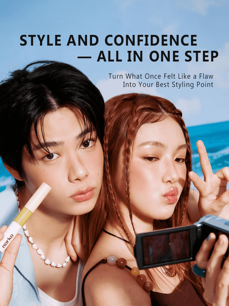 NARKA Core Rebuild Hair Mascara styled with confident models by the beach, showcasing polished hair and styling tips.