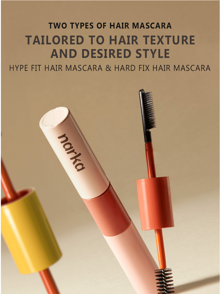 NARKA Core Rebuild Hair Mascara showcasing Hype Fit and Hard Fix types tailored for hair texture and style.