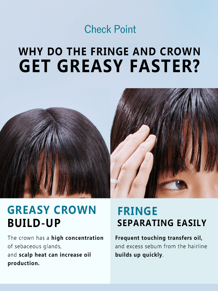 NARKA Fresh Sebum Hair Mascara Infographic explaining why the fringe and crown get greasy faster with sebum information.