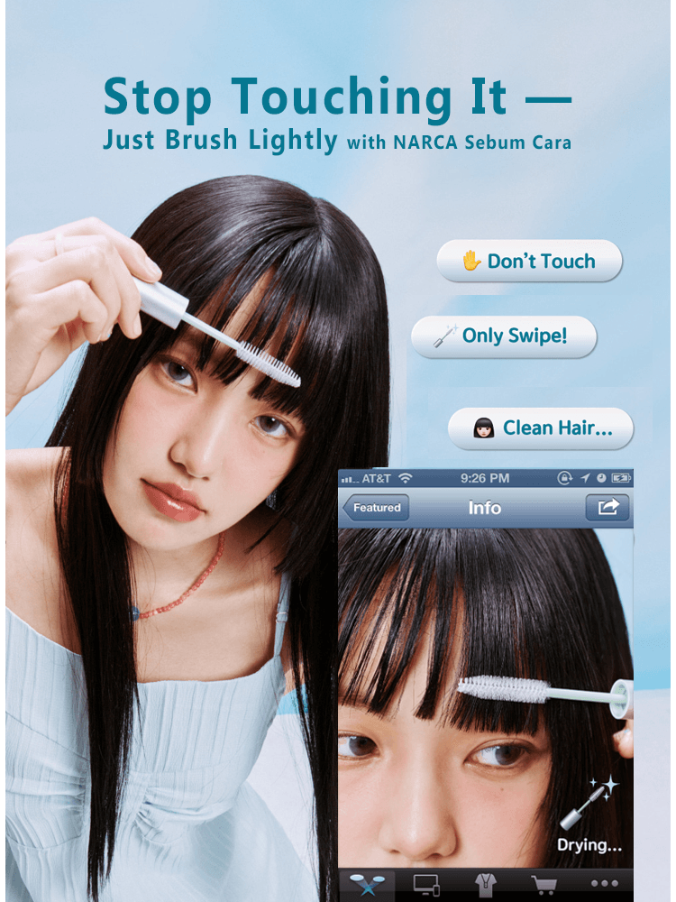 Image of a woman using NARKA Fresh Sebum Hair Mascara to refresh her hair by brushing lightly.
