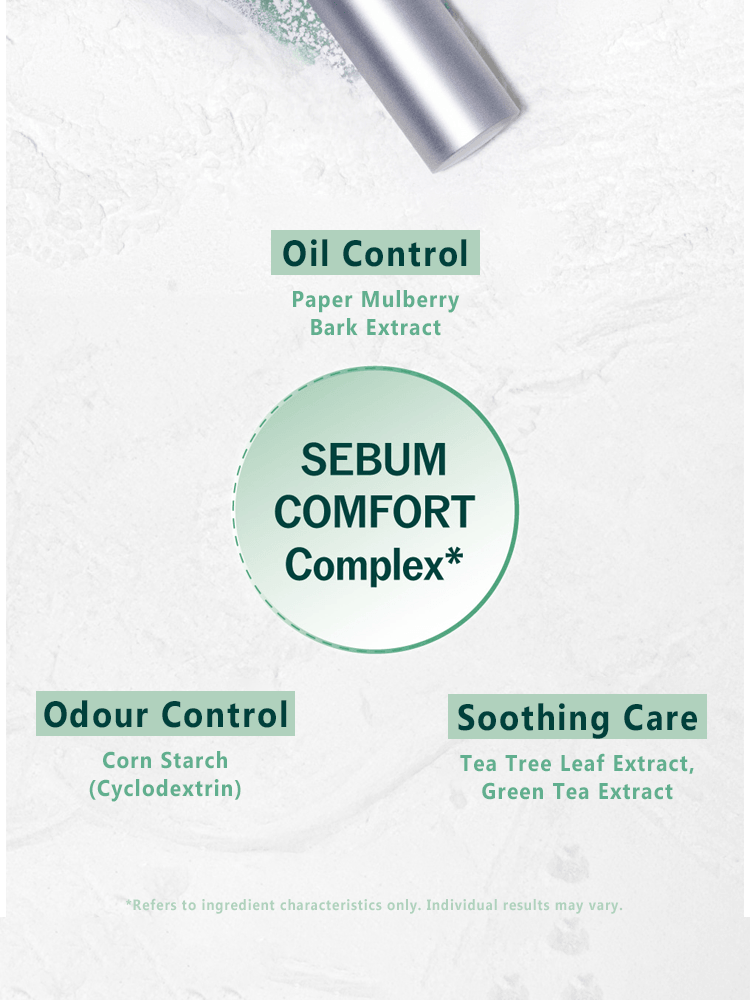 NARKA Fresh Sebum Hair Mascara ingredients showing Sebum Comfort Complex, oil control, odour control, and soothing care.