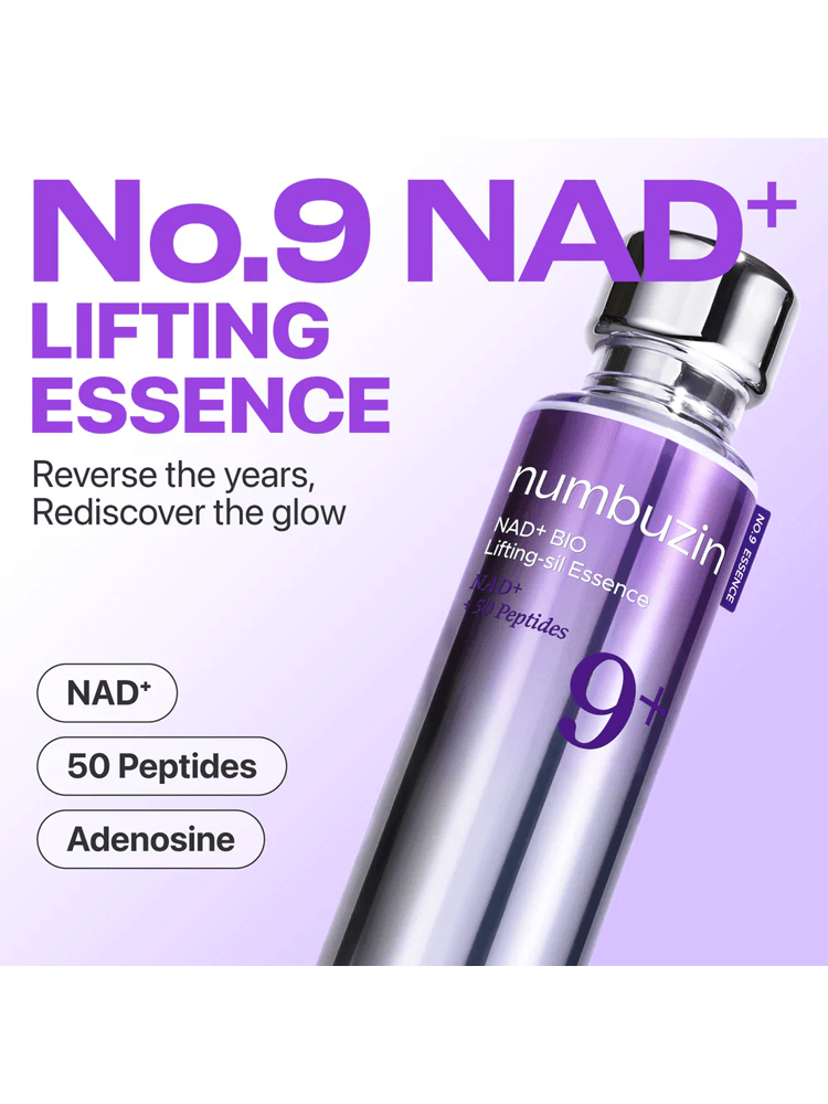 NUMBUZIN NAD Bio Lifting-sil Essence 50ml bottle displayed with benefits of lifting and rejuvenating skin.