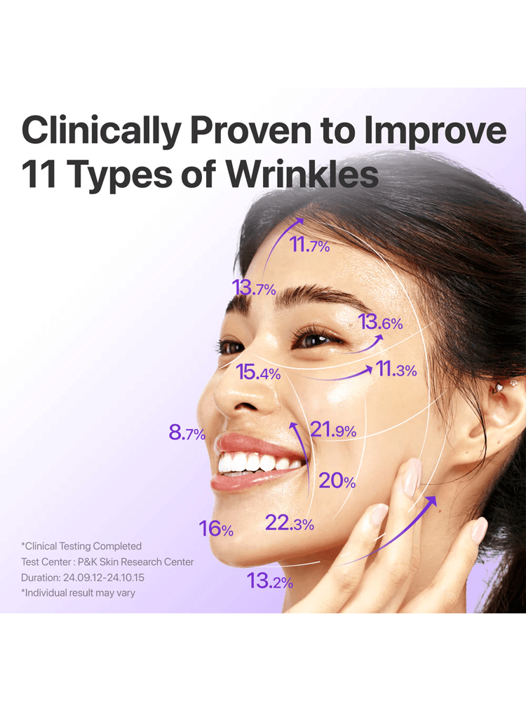 Woman smiling showcasing skin improvement percentages for fine lines and wrinkles, highlighting effectiveness of NUMBUZIN NAD Bio Lifting-sil Essence.