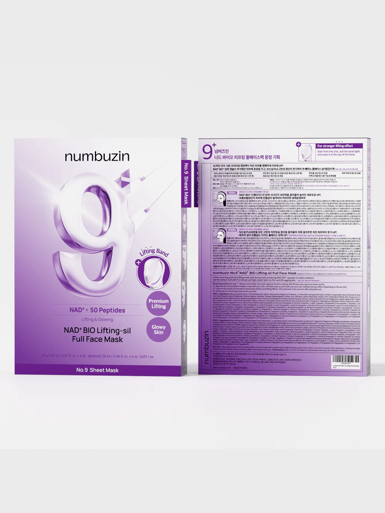 NUMBUZIN NAD Bio Lifting-sil Full Face Pack Sheet packaging featuring a purple design and details about the mask.