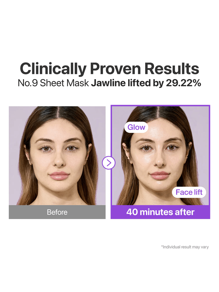 Clinically Proven Results of NUMBUZIN NAD Bio Lifting-sil Full Face Pack Sheet, showing jawline lifted by 29.22% after 40 minutes.
