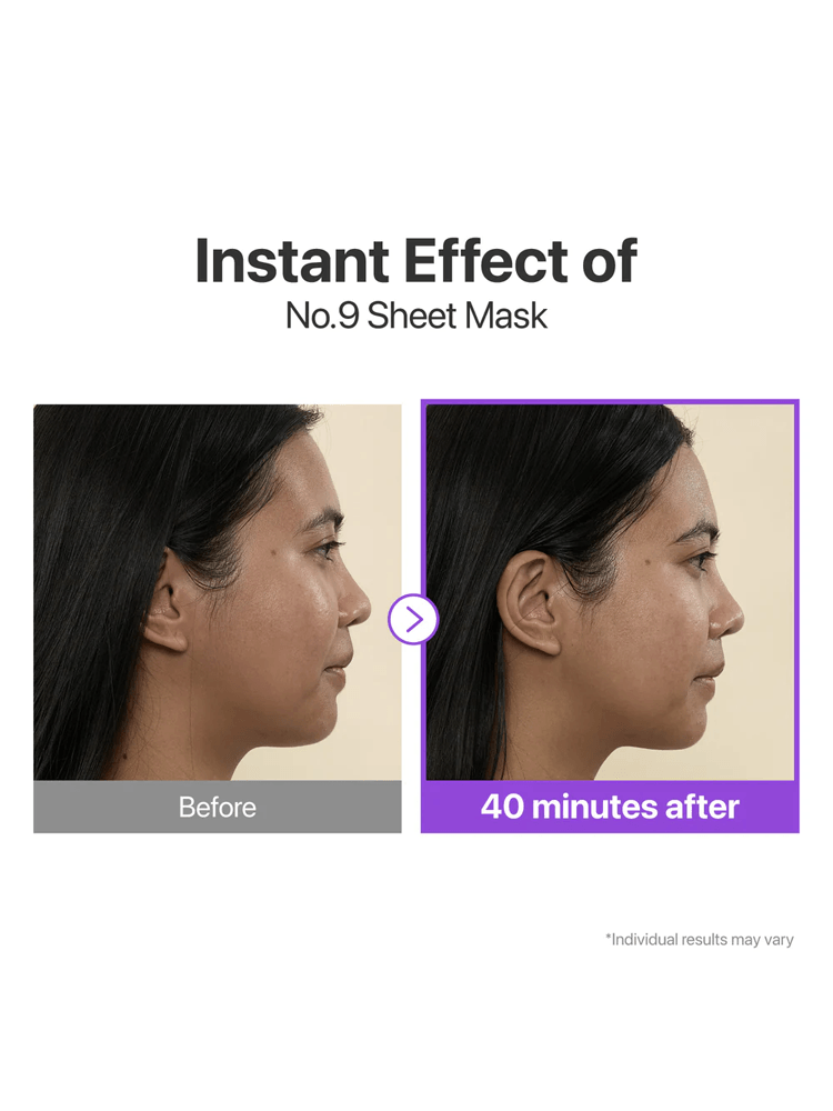 Instant effect of NUMBUZIN NAD Bio Lifting-sil Full Face Pack Sheet before and after application.