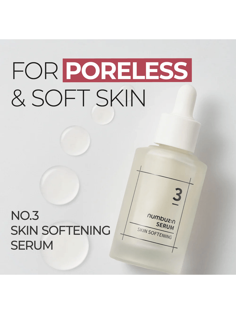 NUMBUZIN No.3 Skin Softening Serum in a dropper bottle promoting poreless and soft skin.