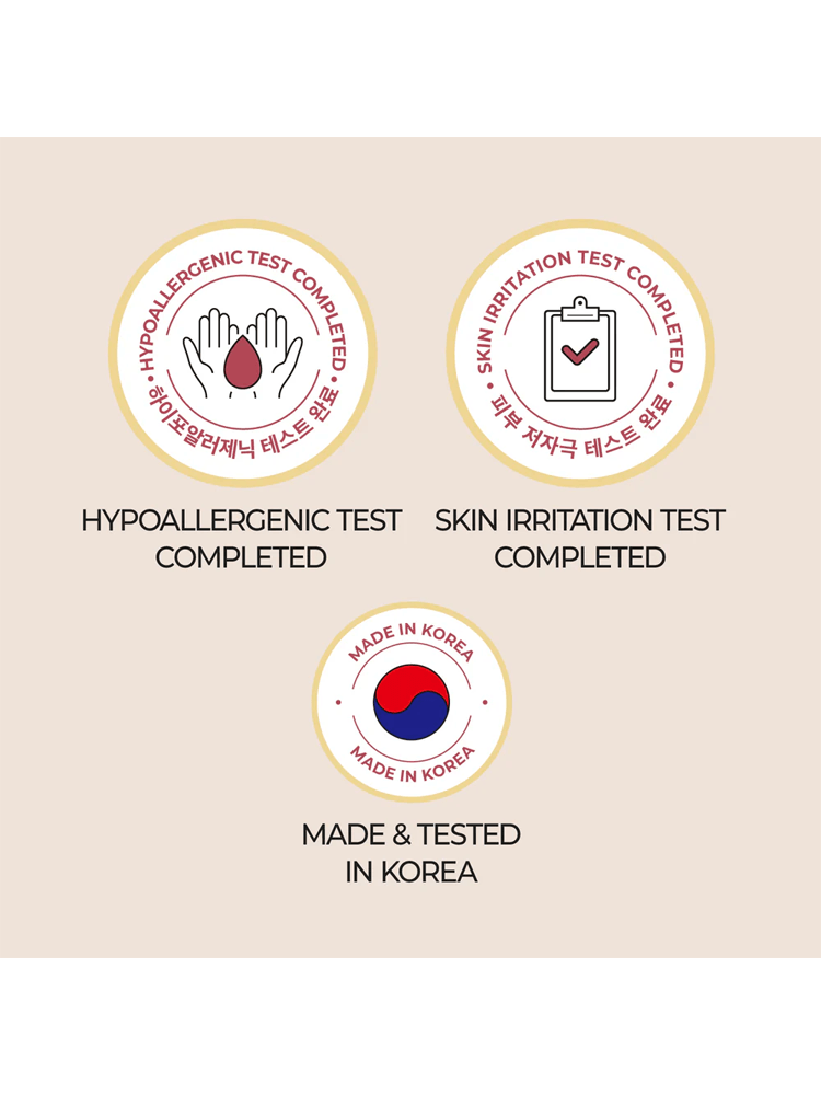 NUMBUZIN No.3 Skin Softening Serum quality badges: hypoallergenic test completed, skin irritation test completed, made in Korea.