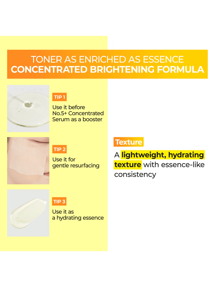 NUMBUZIN.No.5 Vitamin Boosting Essence Toner tips for usage and texture in a colorful layout.