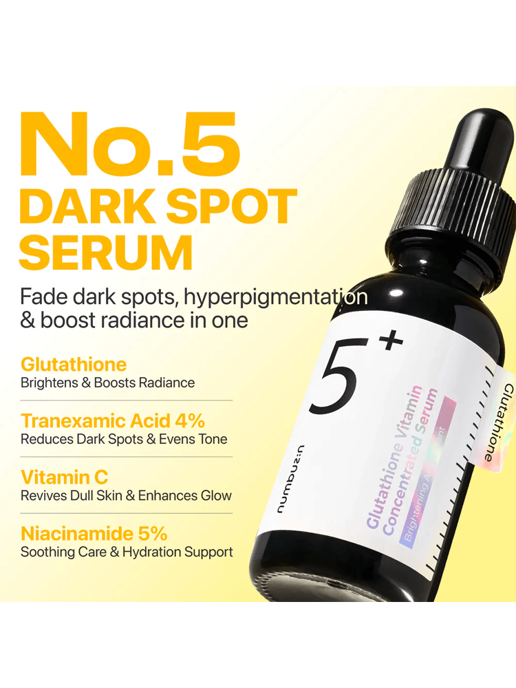 NUMBUZIN No.5 Vitamin Concentrated Serum 30ml bottle showcasing its dark spot treatment benefits.